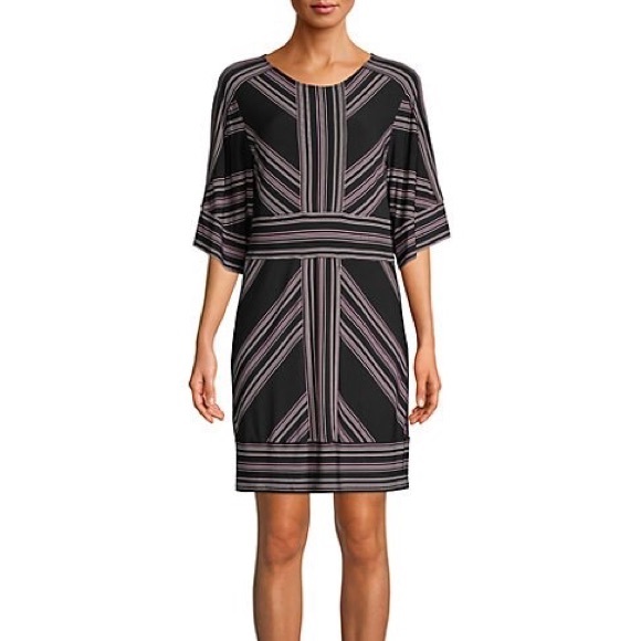 BCBGMAXAZRIA Striped Three Quarter Sleeve Shift Dress in Bare Pink/Black - Picture 8 of 8